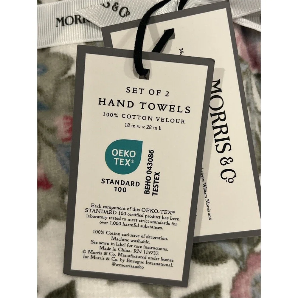 2 Morris & Co. Wilhelmina Floral Velour HAND Towels Botanical Green Pink New